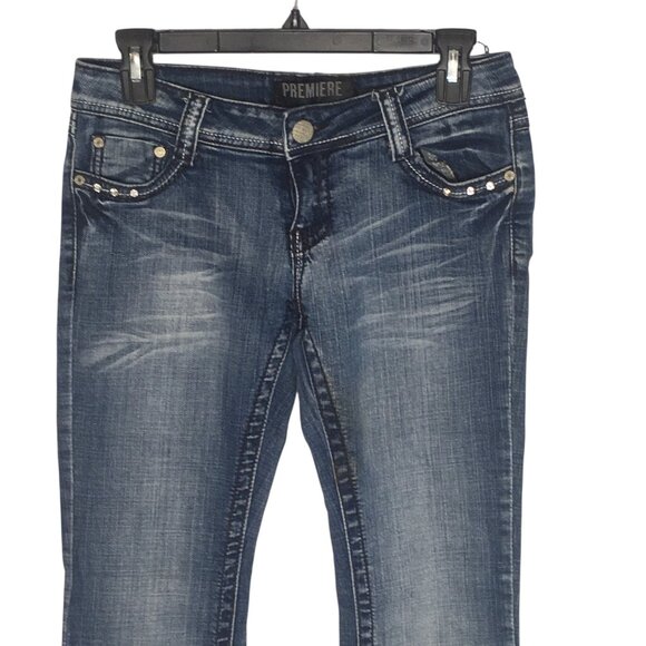 PREMIERE by rue21 Jeans Womens 3/4R Blue Slim Boot Stretch Embellished Pockets - Picture 14 of 15